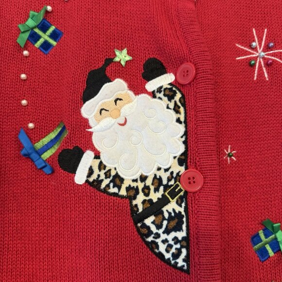 Ugly Holiday Sweater Vest Women L Animal Print Santa Y2K 90s Cheetah Zebra Red - Picture 5 of 9